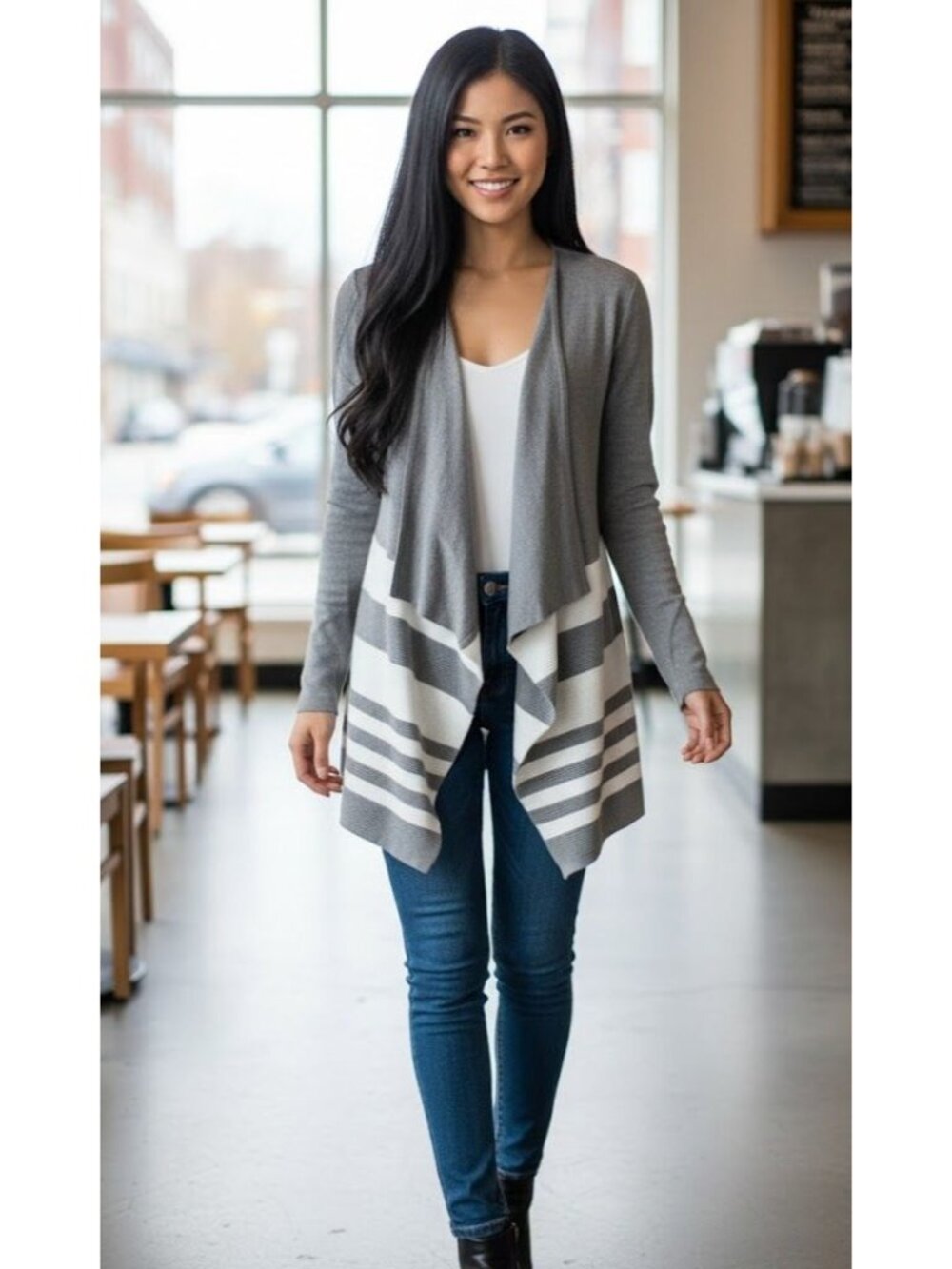 Evolution By Cyrus Gray & White Striped Open Front Cardigan Sweater Womens S